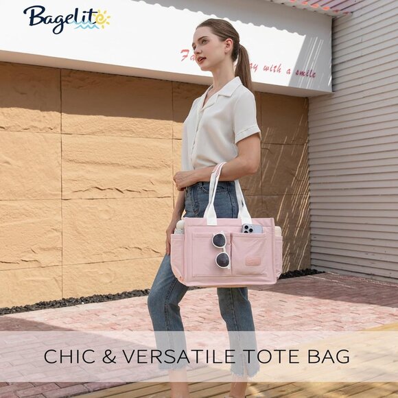 Pink Waterproof Cotton-Poly Tote Bag for Women with Multiple Pockets and Adjusta - Picture 2 of 8